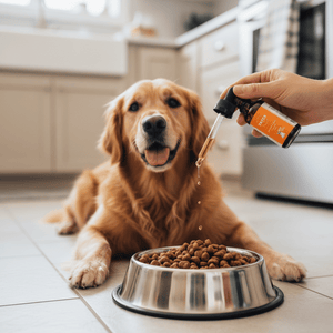 Hand holding Spencer's Elixir pet tincture near a dog and food bowl