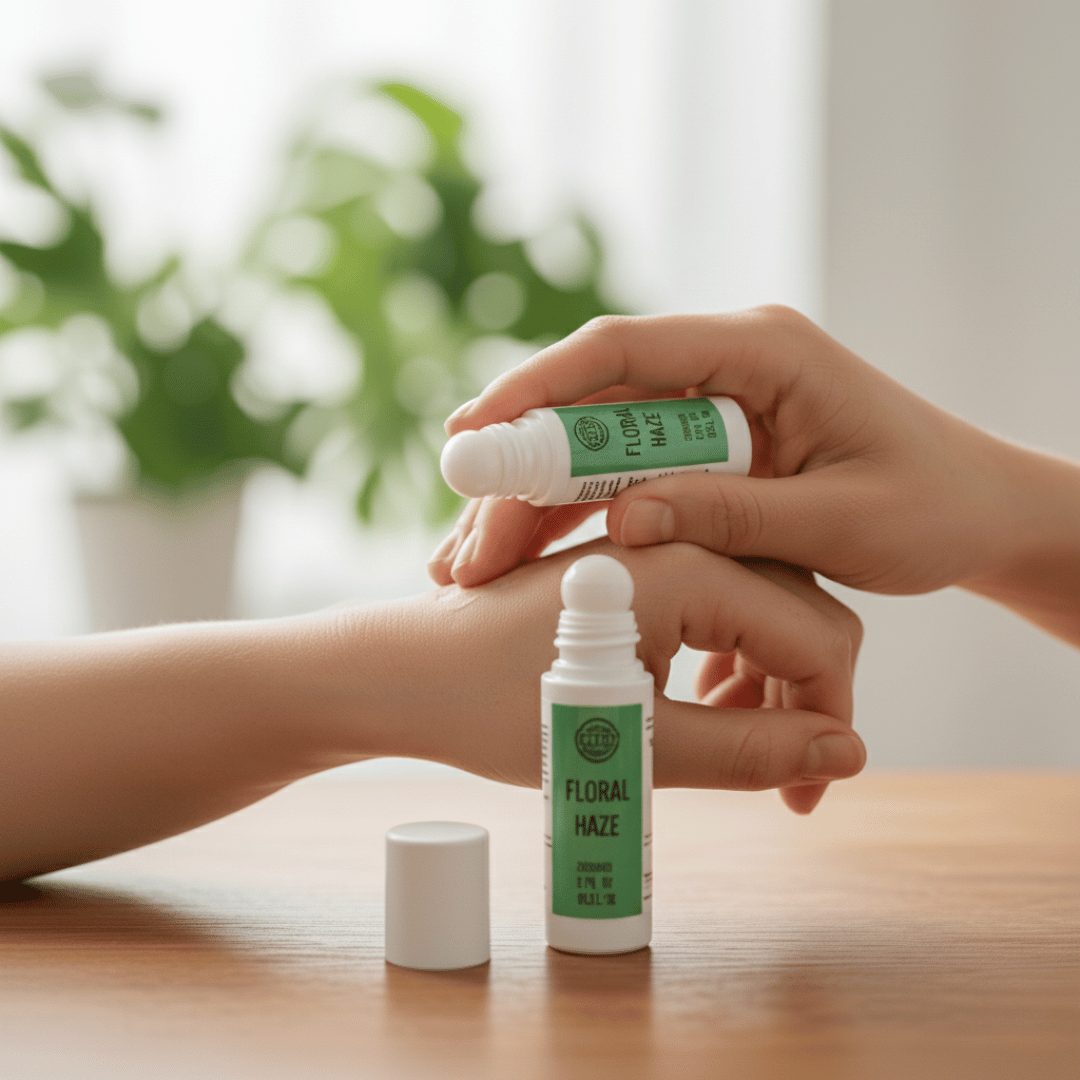 Hands applying Floral Haze topical to an arm