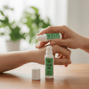 Hands applying Floral Haze topical to an arm