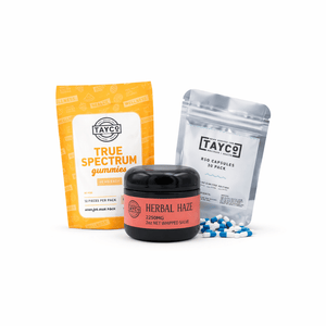 Tayco Farms hemp bundle featuring Herbal Haze 2250mg whipped salve, RSO capsules 30 pack, and True Spectrum gummies 12 pack