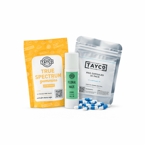 Tayco Farms hemp bundle featuring RSO capsules 30 pack, True Spectrum gummies 12 pack, and Floral Haze 2000mg THC roll-on topical