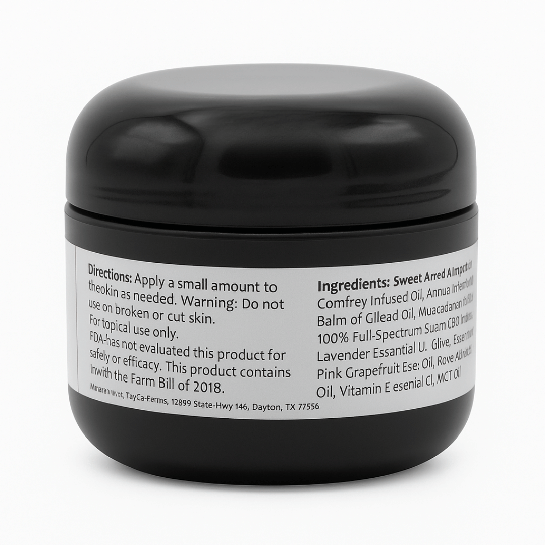 Tayco Farms Herbal Haze salve jar, back label