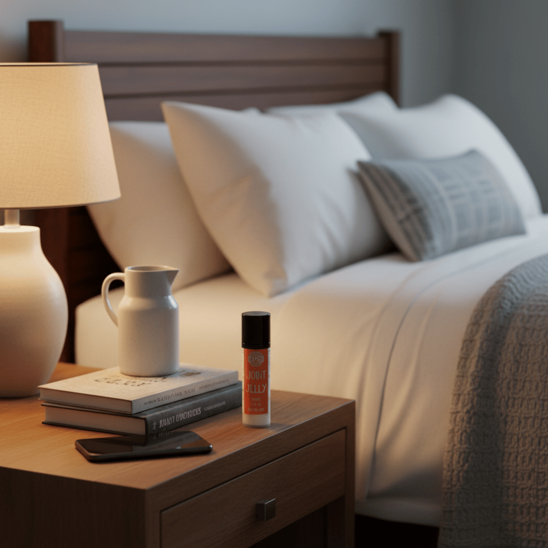 Tayco Farms Joint Jelly bottle on a bedroom nightstand