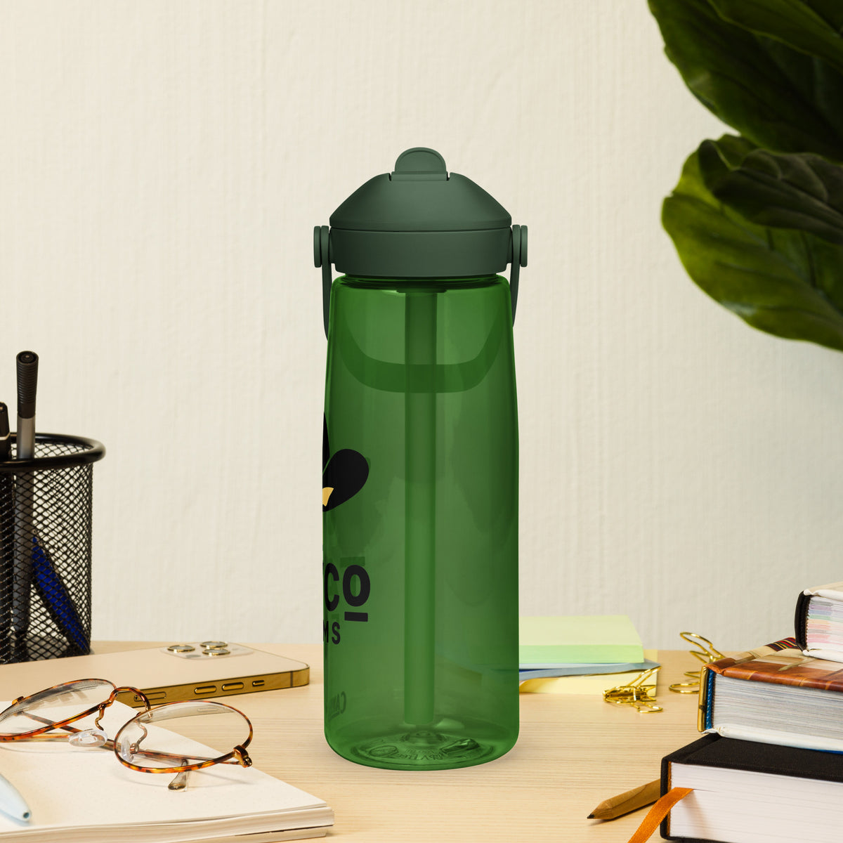 Left side of a Tayco Farms forest green water bottle
