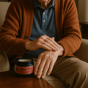 Person applying Herbal Haze salve to a hand beside the jar