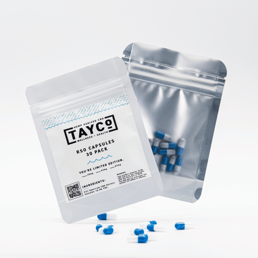Tayco Farms RSO capsule pouches with blue and white capsules