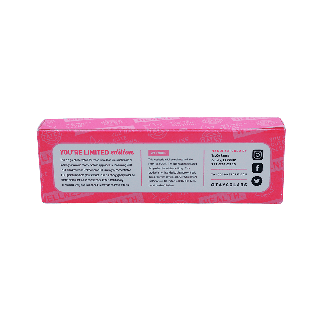 Tayco Farms RSO oil syringe carton, back label