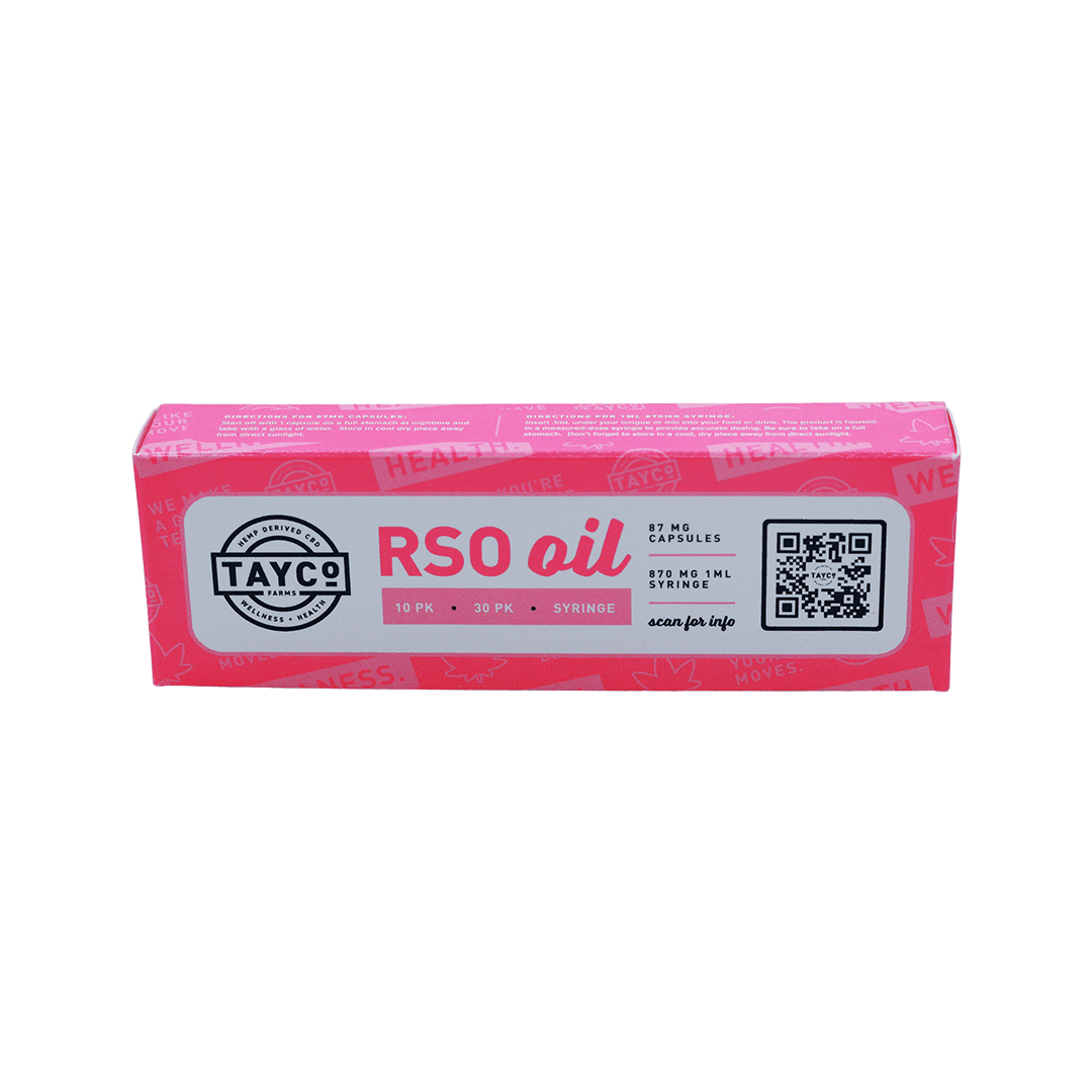 Tayco Farms RSO oil syringe carton, front label