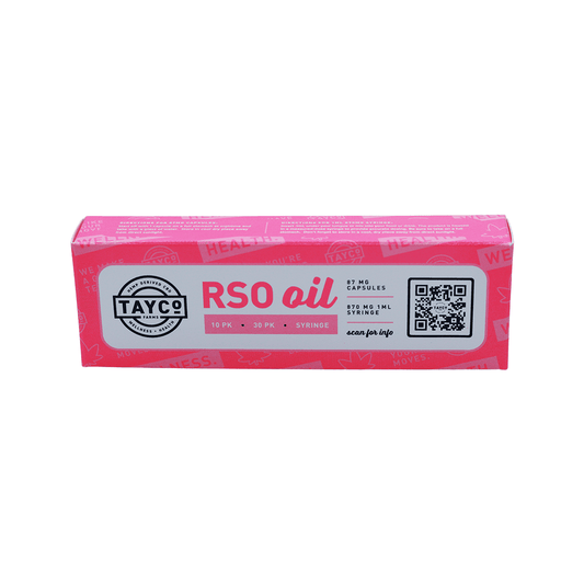 Tayco Farms RSO oil syringe carton, front label
