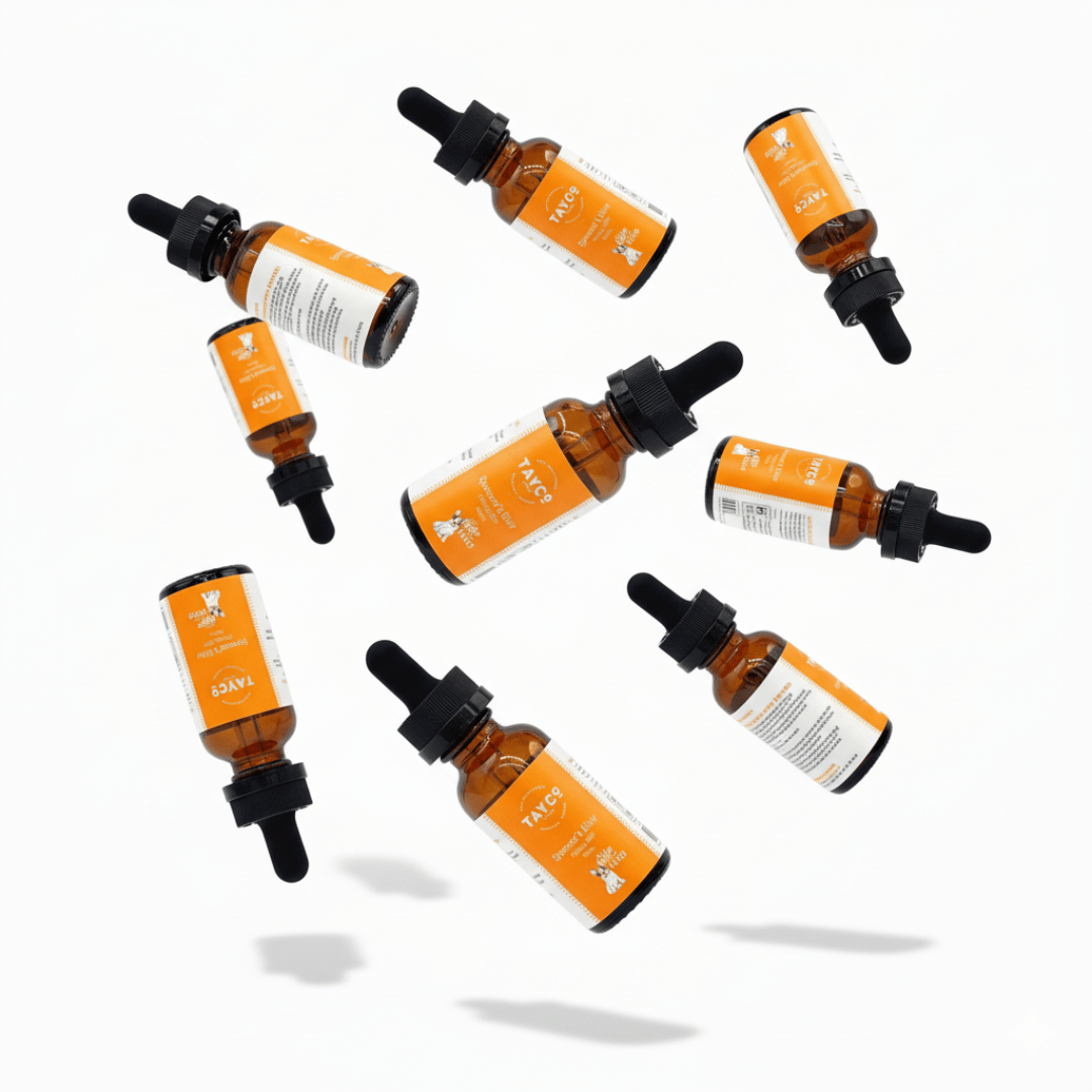 Spencer's Elixir CBD pet tincture bottles in a floating arrangement