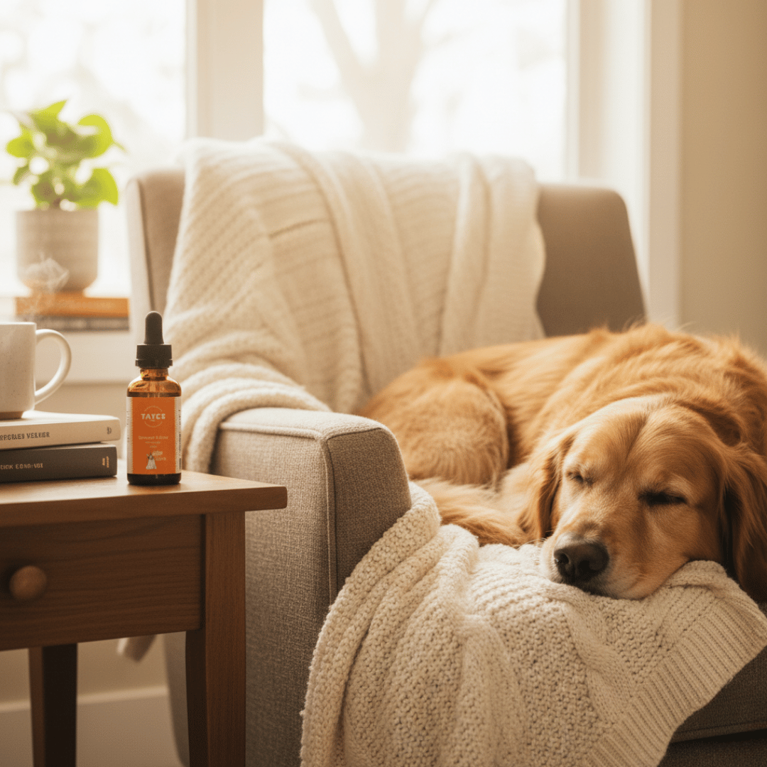 Spencer's Elixir pet tincture bottle beside a resting dog
