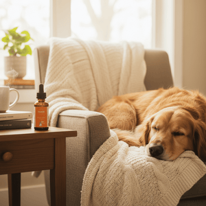 Spencer's Elixir pet tincture bottle beside a resting dog
