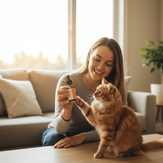 Woman holding a Spencer's Elixir bottle beside a cat