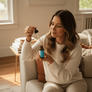 Woman holding a Tayco Farms CBD tincture bottle and dropper