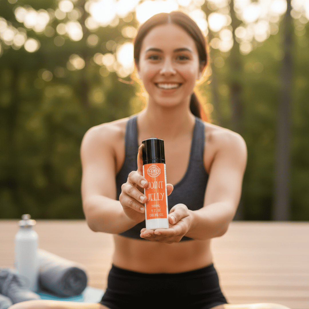 Woman holding a Tayco Farms Joint Jelly bottle outdoors